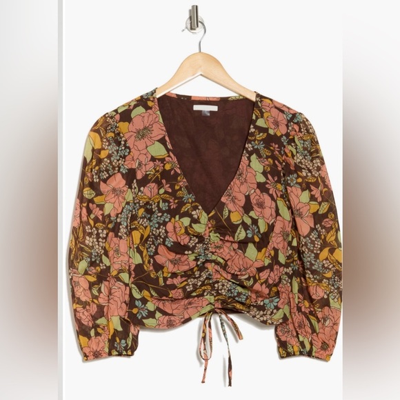 MOTHER Floral Ruched Three Quarter Sleeve Top Boutonnière Bouquet NWT M L - Picture 5 of 6